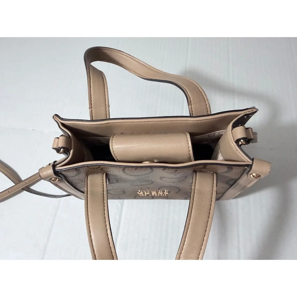 Guess Los Angeles Mini Crossbody Tote Bag Brown Tan Logo Print Satchel Handbag